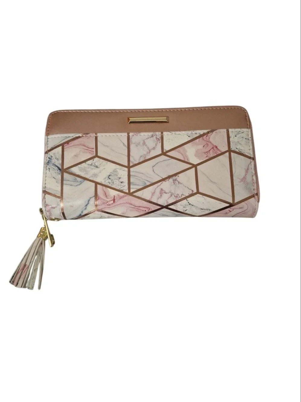 Marble Geometric Zip-Around Wallet with Tassel in Blush Pink